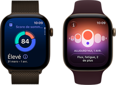 Deux Apple Watch Series 12, la première avec un boîtier en aluminium, couleur bronze foncé, graphique circulaire du score de sommeil, couronne Digital Crown, bracelet milanais, couleur bronze foncé, et la deuxième avec suivi du cycle, boîtier en aluminium, couleur or clair, bracelet sport, couleur bourgogne