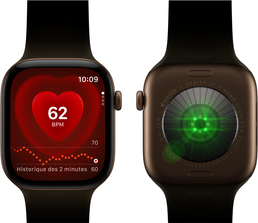 Deux Apple Watch Series 12, boîtier en aluminium, couleur bronze foncé avec bracelet sport olive, l’une affichant l’app Fréquence cardiaque, l’autre montrant le système de suivi de santé à l’arrière de la montre, avec des voyants LED verts lumineux