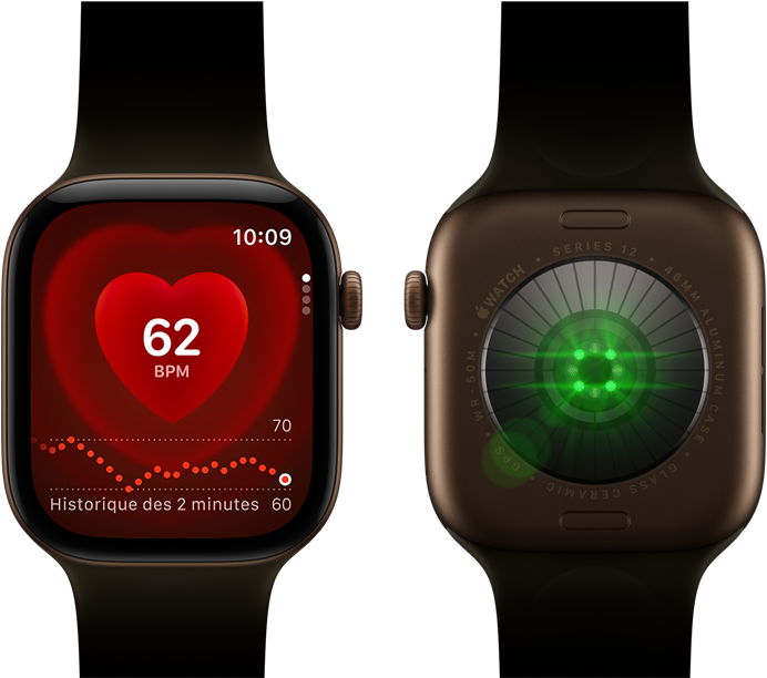 Deux Apple Watch Series 12, boîtier en aluminium, couleur bronze foncé avec bracelet sport olive, l’une affichant l’app Fréquence cardiaque, l’autre montrant le système de suivi de santé à l’arrière de la montre, avec des voyants LED verts lumineux