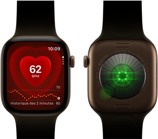 Deux Apple Watch Series 12, boîtier en aluminium, couleur bronze foncé avec bracelet sport olive, l’une affichant l’app Fréquence cardiaque, l’autre montrant le système de suivi de santé à l’arrière de la montre, avec des voyants LED verts lumineux