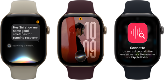 Trois Apple Watch Series 12, la première avec un boîtier en aluminium or clair, conversation avec Siri A I, bracelet sport sable, la deuxième avec un boîtier en aluminium or clair, photo personnalisée sur le cadran avec la complication Siri A I, bracelet sport bourgogne, et la troisième avec un boîtier en aluminium gris cosmique, sonnette, bracelet sport noir