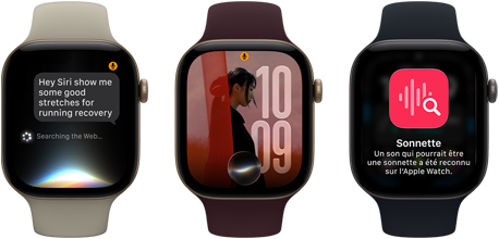 Trois Apple Watch Series 12, la première avec un boîtier en aluminium or clair, conversation avec Siri A I, bracelet sport sable, la deuxième avec un boîtier en aluminium or clair, photo personnalisée sur le cadran avec la complication Siri A I, bracelet sport bourgogne, et la troisième avec un boîtier en aluminium gris cosmique, sonnette, bracelet sport noir