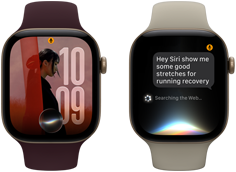 Trois Apple Watch Series 12, la première avec un boîtier en aluminium or clair, conversation avec Siri A I, bracelet sport sable, la deuxième avec un boîtier en aluminium or clair, photo personnalisée sur le cadran avec la complication Siri A I, bracelet sport bourgogne, et la troisième avec un boîtier en aluminium gris cosmique, sonnette, bracelet sport noir
