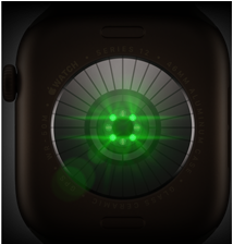 Face arrière d’une Apple Watch Series 12, boîtier en aluminium, couleur bronze foncé, plusieurs capteurs ronds à DEL vertes illuminées, côté gauche, couronne Digital Crown, bracelet sport, couleur olive