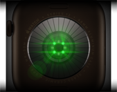 Face arrière d’une Apple Watch Series 12, boîtier en aluminium, couleur bronze foncé, plusieurs capteurs ronds à DEL vertes illuminées, côté gauche, couronne Digital Crown, bracelet sport, couleur olive
