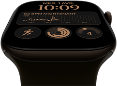 Apple Watch Series 12, boîtier en aluminium, couleur bronze foncé, cadran Modulaire, complications : jour et date, entraînements, anneaux d’activité, Apple Music, côté droit, couronne Digital Crown, bracelet sport, couleur olive