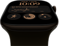 Apple Watch Series 12, boîtier en aluminium, couleur bronze foncé, cadran Modulaire, complications : jour et date, entraînements, anneaux d’activité, Apple Music, côté droit, couronne Digital Crown, bracelet sport, couleur olive