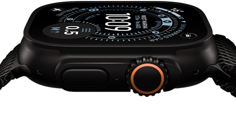 Apple Watch Ultra 3, side exterior, black titanium case, compass on Orienteering watch face, side button and digital crown