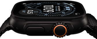 Apple Watch Ultra 3, side exterior, black titanium case, compass on Orienteering watch face, side button and digital crown