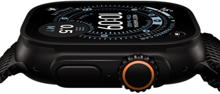 Apple Watch Ultra 3, side exterior, black titanium case, compass on Orienteering watch face, side button and digital crown