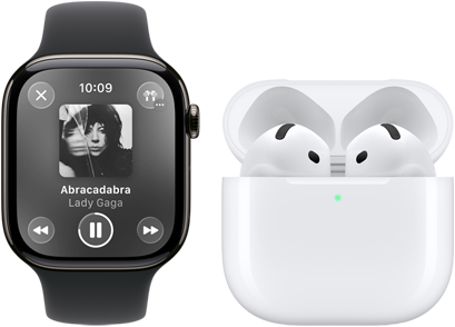 Apple Watch Series 11, titanium slate case, band: black sport band, Apple Music app open, paired with AirPods 4