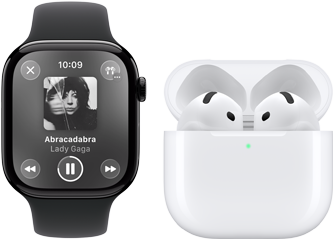 Apple Watch Series 11, titanium slate case, band: black sport band, Apple Music app open, paired with AirPods 4