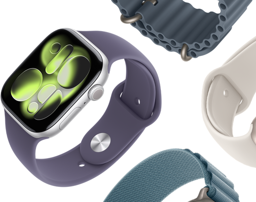 Apple Watch Series 11 bands: purple fog Sport Band, anchor blue Ocean band, light blue Alpine Loop