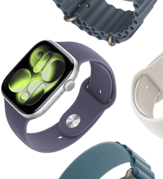 Apple Watch Series 11 bands: purple fog Sport Band, anchor blue Ocean band, light blue Alpine Loop