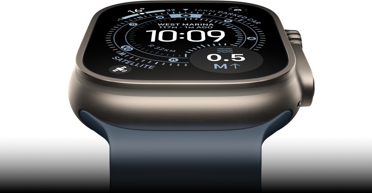 Apple Watch Ultra 3 tilted forward, natural titanium case, compass on Orienteering watch face, anchor blue Ocean Band