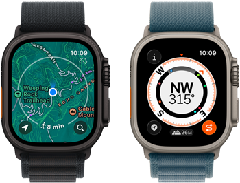Two Apple Watch Ultra 3 devices, one showing maps and the other showing Backtrack features, including compass, elevation and marked waypoints