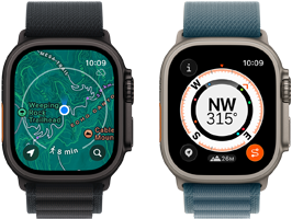 Two Apple Watch Ultra 3 devices, one showing maps and the other showing Backtrack features, including compass, elevation and marked waypoints