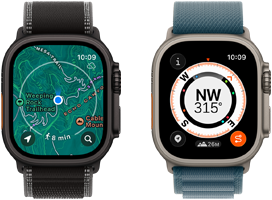 Two Apple Watch Ultra 3 devices, one showing maps and the other showing Backtrack features, including compass, elevation and marked waypoints