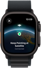Apple Watch Ultra 3, black colour, titanium case, "Keep Pointing at Satellite" over Earth with a location on screen, band, Alpine Loop