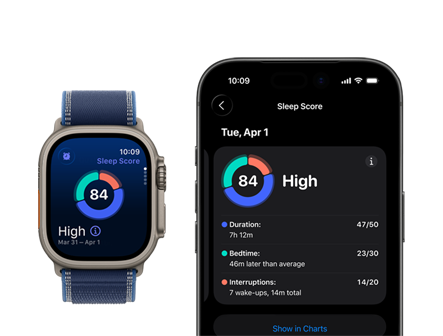 Apple Watch Ultra 3, titanium natural case, sleep score screen, breakdown in circle graph, score in center, band, blue Trail Loop