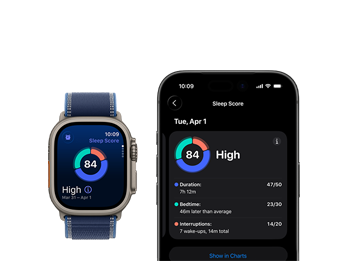 Apple Watch Ultra 3, titanium natural case, sleep score screen, breakdown in circle graph, score in center, band, blue Trail Loop