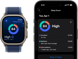 Apple Watch Ultra 3, titanium natural case, sleep score screen, breakdown in circle graph, score in center, band, blue Trail Loop