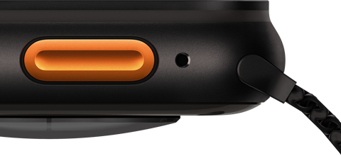 Apple Watch Ultra 3, noir, boîtier en titane, capteur convexe au dos, côté gauche, bouton Action, sirène