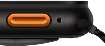 Apple Watch Ultra 3, noir, boîtier en titane, capteur convexe au dos, côté gauche, bouton Action, sirène