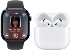 Apple Watch Series 11, boîtier en titane ardoise, bracelet : sport noir, app Musique ouverte, jumelée avec des AirPods 4