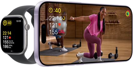 Apple Watch à côté d’un iPhone affichant une séance Apple Fitness+