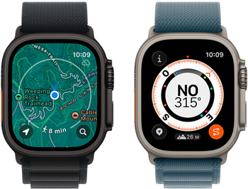 Deux Apple Watch Ultra 3, l’une affichant des plans et l’autre affichant les fonctionnalités d’Itinéraire de retour comme la boussole, l’élévation et les points de cheminement marqués