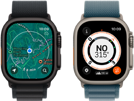 Deux Apple Watch Ultra 3, l’une affichant des plans et l’autre affichant les fonctionnalités d’Itinéraire de retour comme la boussole, l’élévation et les points de cheminement marqués