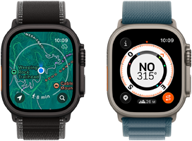 Deux Apple Watch Ultra 3, l’une affichant des plans et l’autre affichant les fonctionnalités d’Itinéraire de retour comme la boussole, l’élévation et les points de cheminement marqués