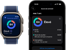 Graphique circulaire et résultat du score de sommeil sur Apple Watch Ultra 3, analyse complète du sommeil ouverte sur un iPhone jumelé