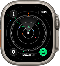 Apple Watch Ultra 4, titanium case, natural colour, Backtrack showing route with compass directions, right side exterior, Digital Crown, raised side button