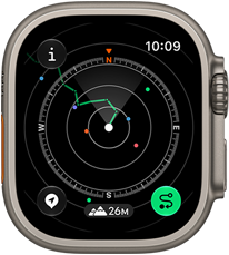 Apple Watch Ultra 4, titanium case, natural colour, Backtrack showing route with compass directions, right side exterior, Digital Crown, raised side button