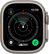 Apple Watch Ultra 4, titanium case, natural colour, Backtrack showing route with compass directions, right side exterior, Digital Crown, raised side button