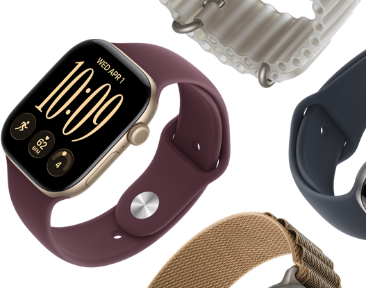 Apple Watch Series 11 bands: purple fog Sport Band, anchor blue Ocean band, light blue Alpine Loop