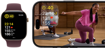 Apple Watch next to iPhone with Apple Fitness+ class on screen