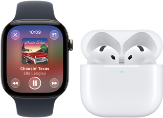 Apple Watch Series 12, aluminum case, black colour, black Sport Band, Apple Music app open, paired with AirPods 4