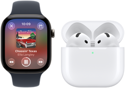 Apple Watch Series 12, aluminum case, black colour, black Sport Band, Apple Music app open, paired with AirPods 4