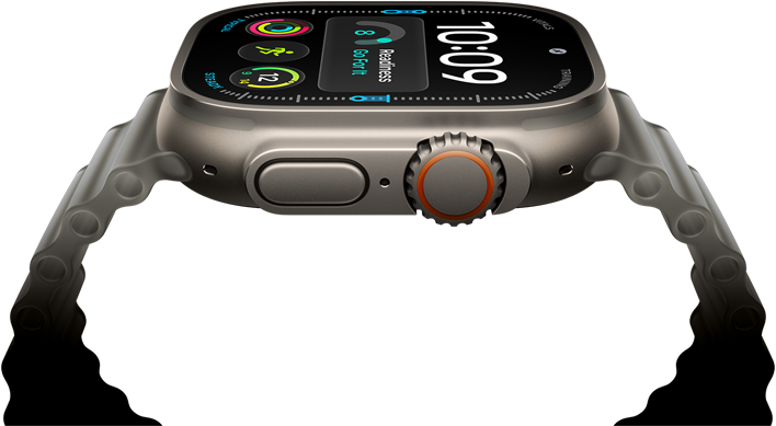 Apple Watch Ultra 4, titanium case, natural colour, digital clock face, complications: readiness, heart rate, Workouts, temperature, right side exterior, Digital Crown, raised side button, Ocean Band, translucent grey colour