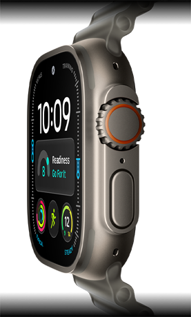 Apple Watch Ultra 4, titanium case, natural colour, digital clock face, complications: readiness, heart rate, Workouts, temperature, right side exterior, Digital Crown, raised side button, Ocean Band, translucent grey colour