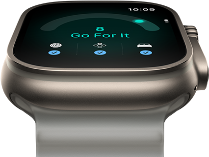 Apple Watch Ultra 4, titanium case, natural colour, readiness score of 8, right side exterior, Digital Crown, raised side button, Ocean Band, translucent grey colour