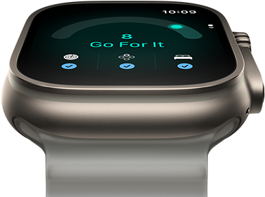 Apple Watch Ultra 4, titanium case, natural colour, readiness score of 8, right side exterior, Digital Crown, raised side button, Ocean Band, translucent grey colour