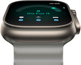 Apple Watch Ultra 4, titanium case, natural colour, readiness score of 8, right side exterior, Digital Crown, raised side button, Ocean Band, translucent grey colour