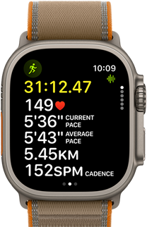 Apple Watch Ultra 4, titanium case, natural colour, advanced Outdoor Run workout metrics, right side exterior, Digital Crown, raised side button, Trail Loop band, sand colour