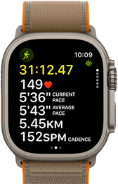 Apple Watch Ultra 4, titanium case, natural colour, advanced Outdoor Run workout metrics, right side exterior, Digital Crown, raised side button, Trail Loop band, sand colour