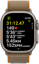 Apple Watch Ultra 4, titanium case, natural colour, advanced Outdoor Run workout metrics, right side exterior, Digital Crown, raised side button, Trail Loop band, sand colour