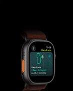 Apple Watch Ultra 4, titanium case, black colour, Race Route feature with a map of a running route, left side exterior, Action button, Alpine Loop band, burgundy colour